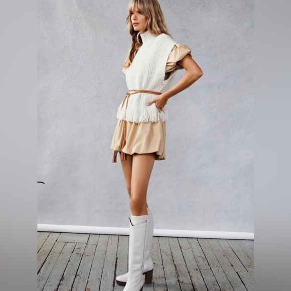 ANTHROPOLOGIE ENDLESS ROSE Smocked Puff-Sleeved Mini Dress Beige - Picture 2 of 11